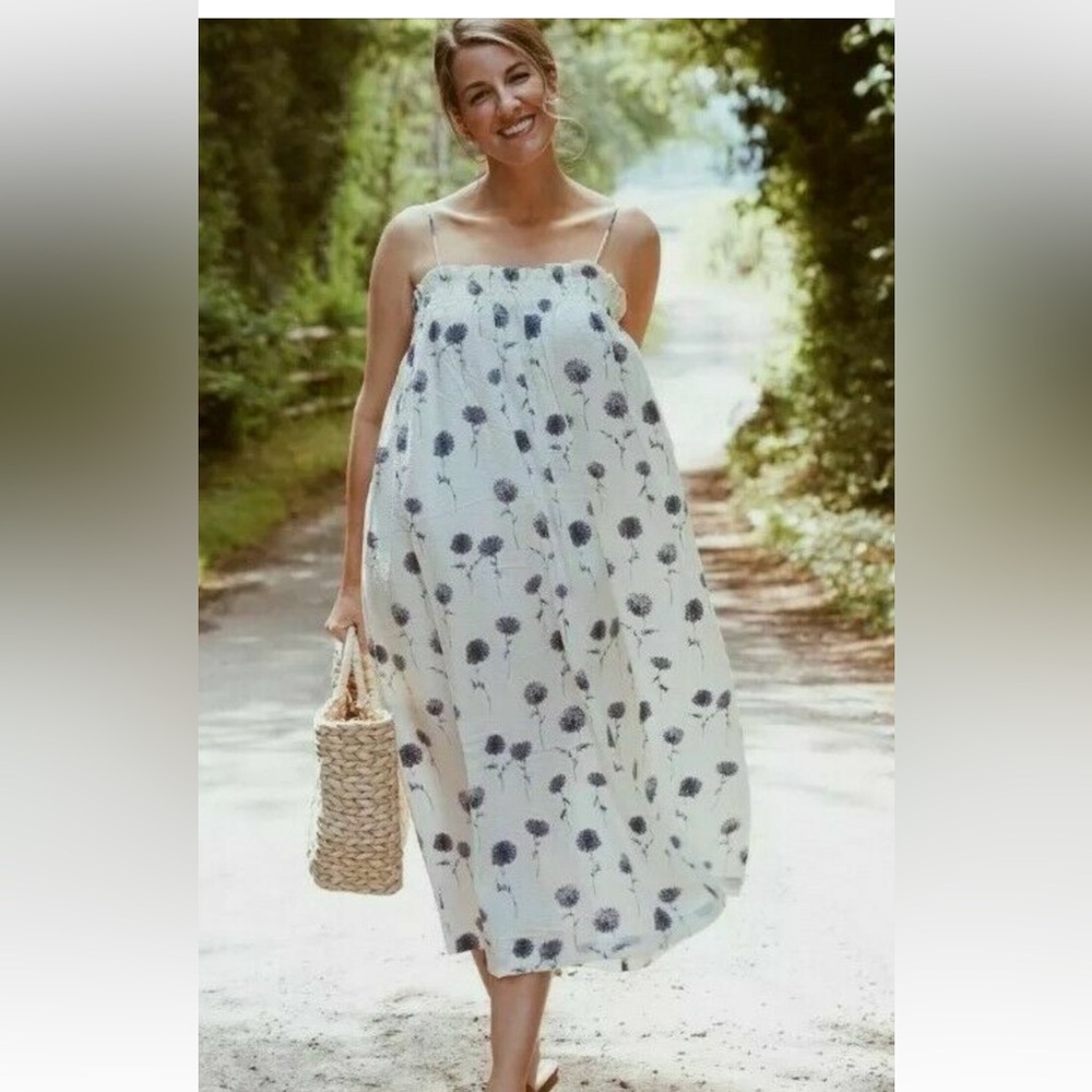 H&M Off White Blue Floral Midi Maxi Strappy Summer Dress Size small EUC